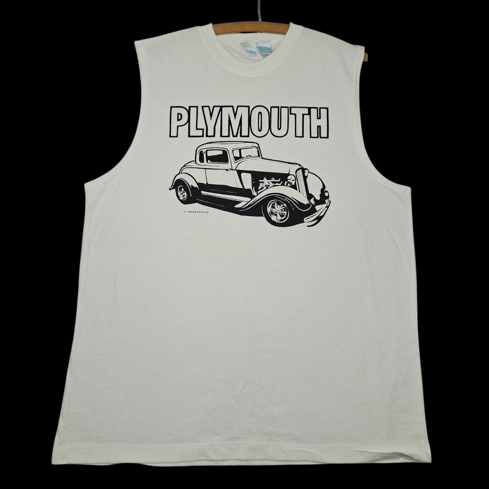 VTG 80s Plymouth Air Waves Muscle Tank Top Car Graphic White Sz L